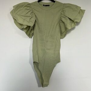 Sage Green Puff Sleeve Ribbed Body Suit